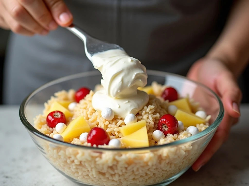 Folding whipped cream into rice, fruit, and marshmallows