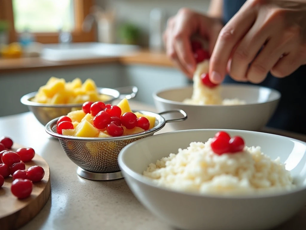 Draining fruit and preparing the texture of glorified rice salad