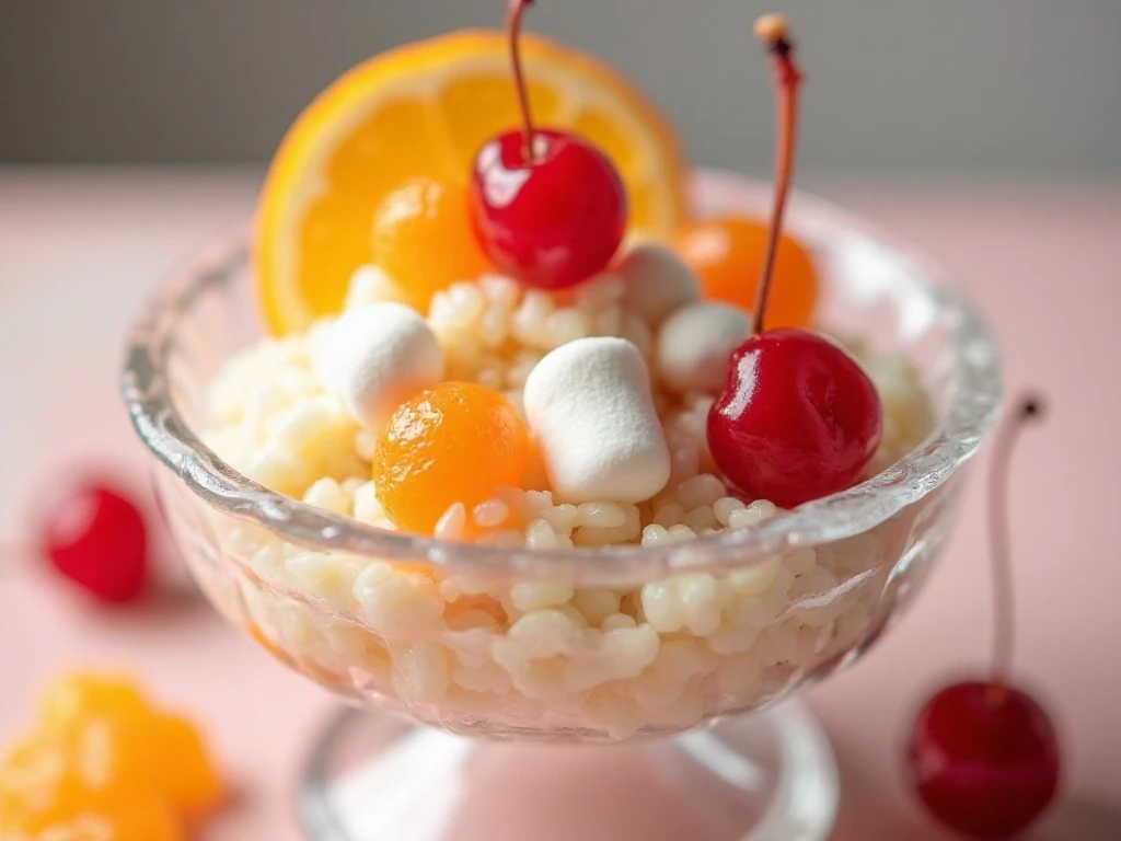 Glorified rice dessert salad garnished with cherries and mandarin oranges