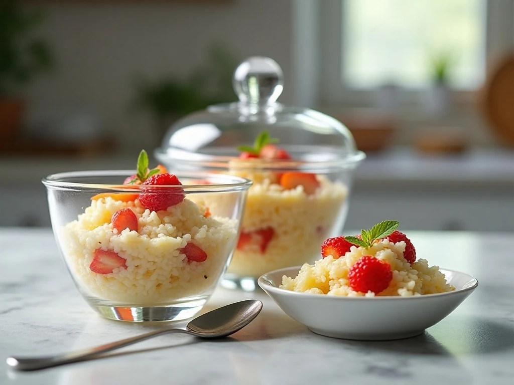 Make-ahead glorified rice dessert salad stored for chilling