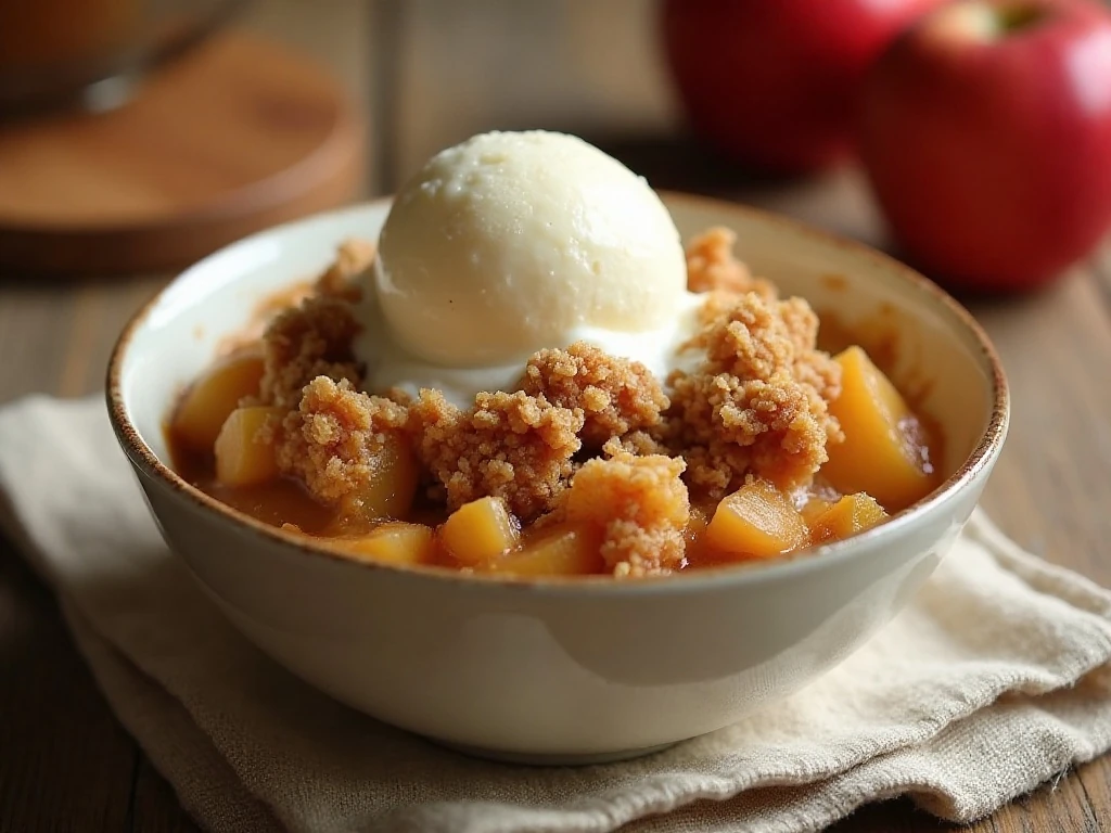 Warm gluten-free apple crisp served with melting vanilla ice cream