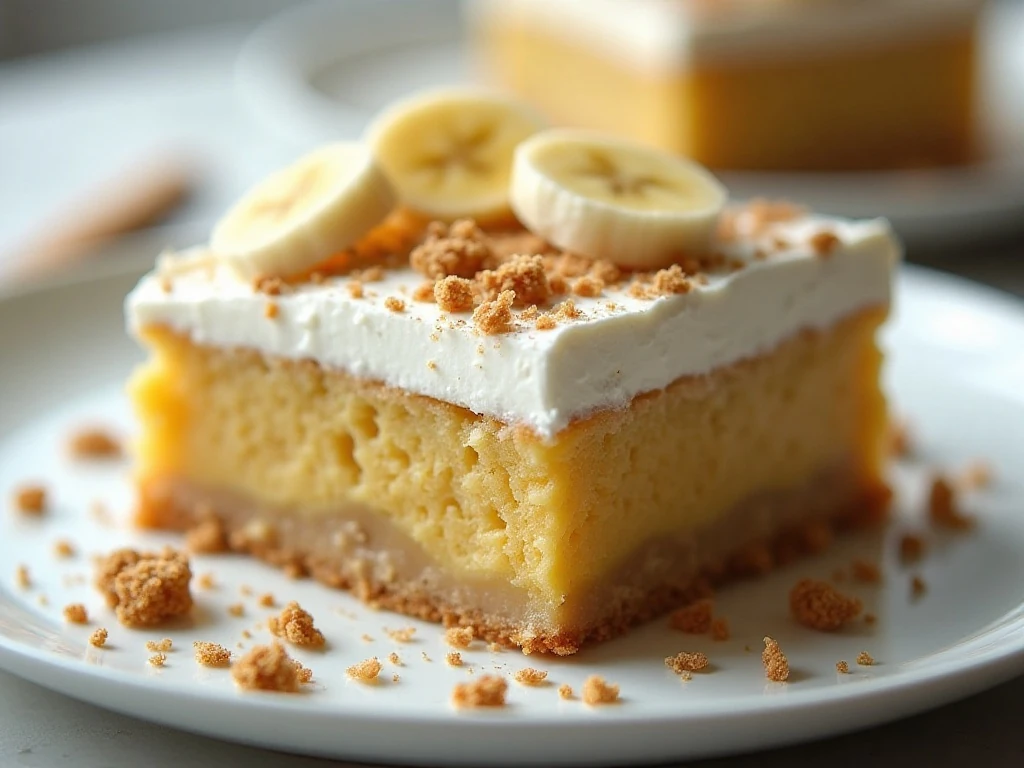 Slice of creamy gluten-free banana poke cake with whipped topping and bananas