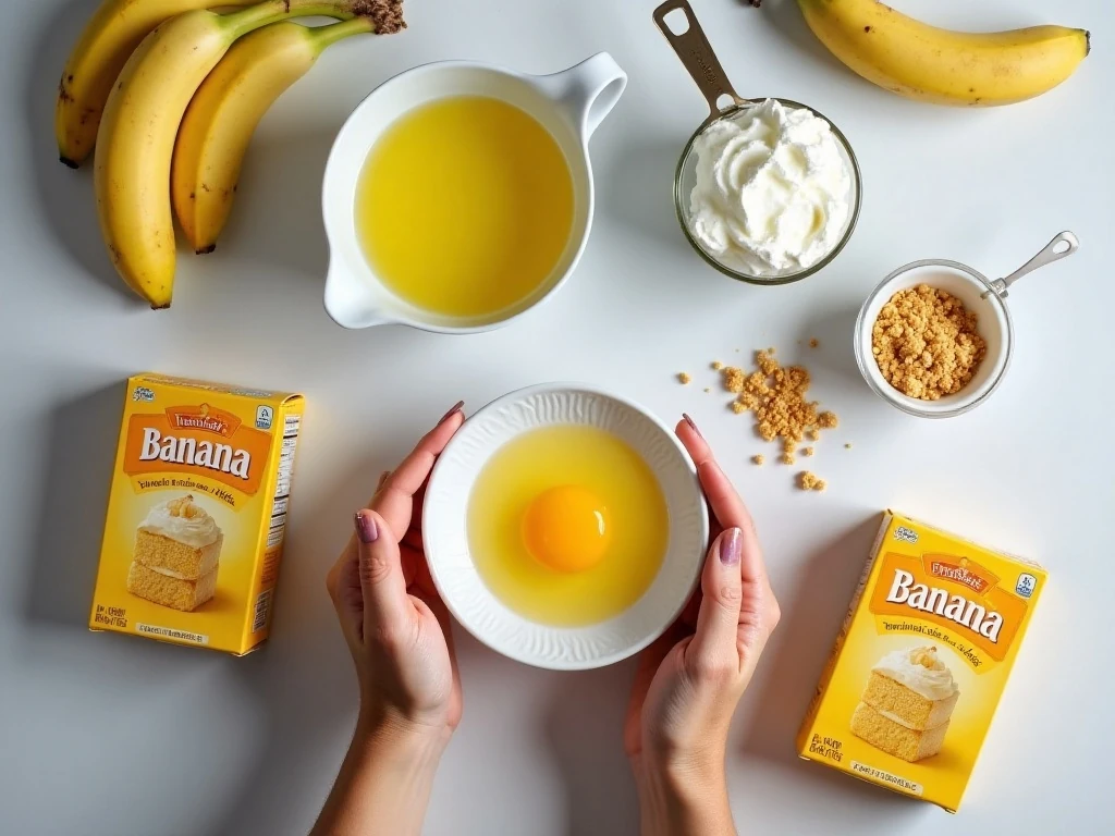 Ingredients for gluten-free banana poke cake arranged on a counter