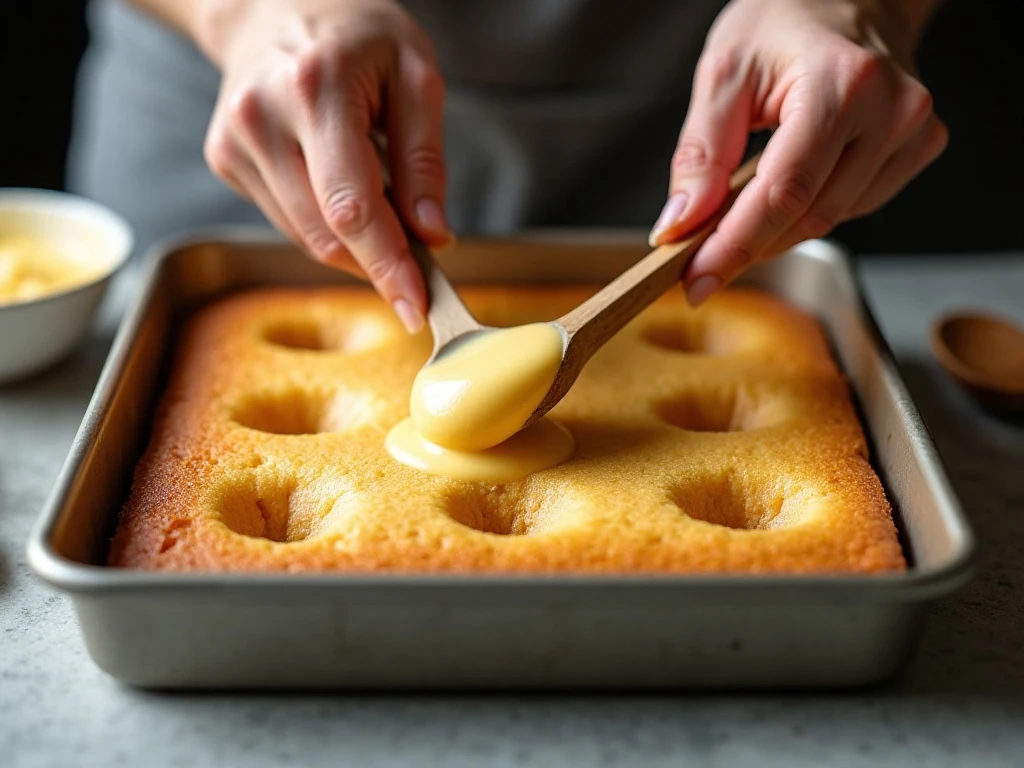 Poking holes in warm gluten-free cake for banana pudding filling