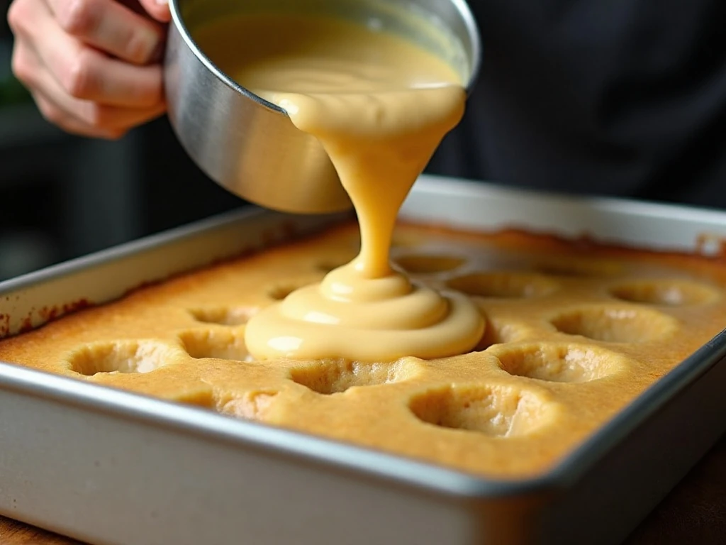 Banana pudding being spread over a warm poke cake
