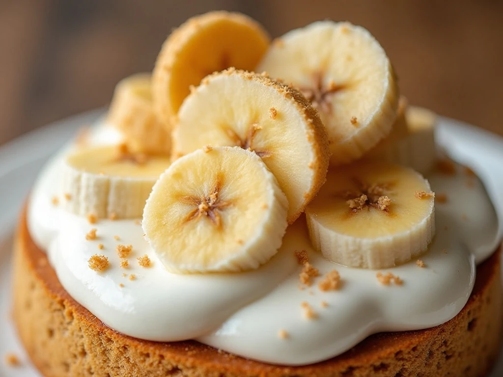 Fresh banana slices and gluten-free cookie crumbs decorating poke cake