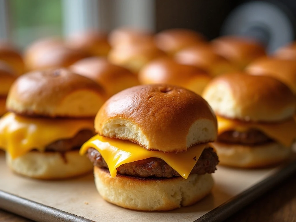 Golden gluten-free breakfast sliders with eggs, sausage, and cheddar