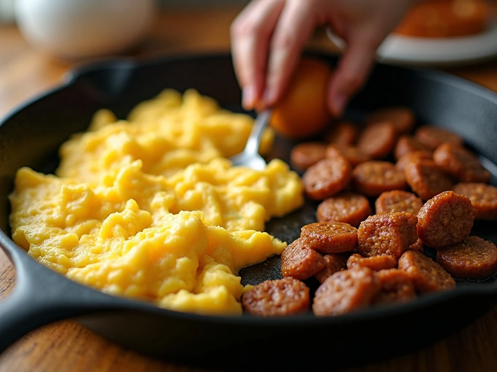 Soft scrambled eggs and sausage prepared for breakfast sliders