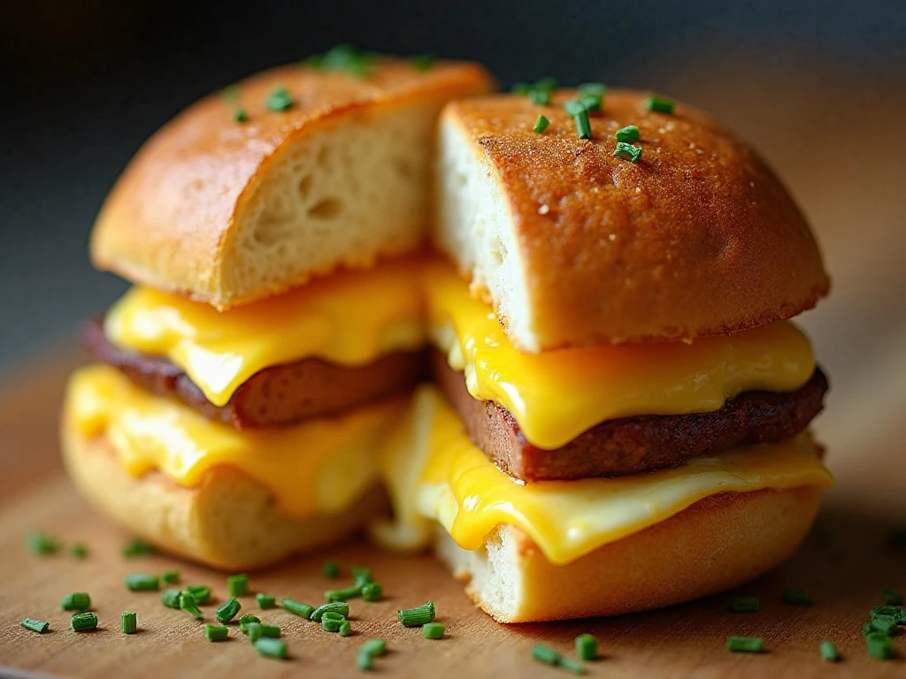 Close-up of a gluten-free breakfast slider with melted cheese and chives