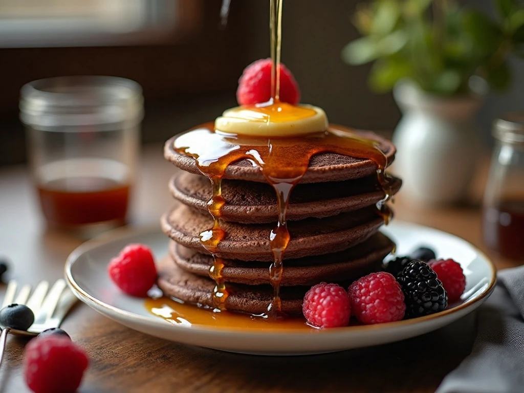Stack of fluffy gluten-free chocolate pancakes with butter, syrup, and berries