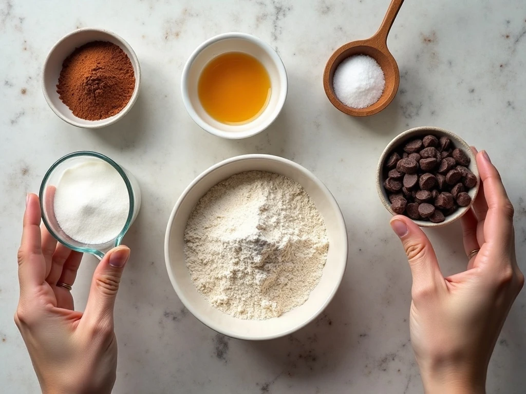 Ingredients for gluten-free chocolate pancakes arranged in a flat lay