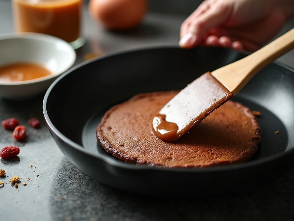 Cooking a gluten-free chocolate pancake in a skillet