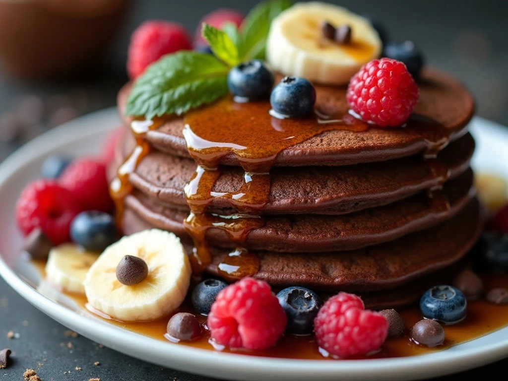 Chocolate pancakes topped with maple syrup, berries, banana, and chocolate chips