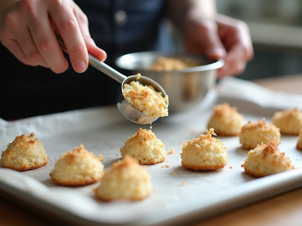 Portioning coconut macaroon mixture onto a baking sheet