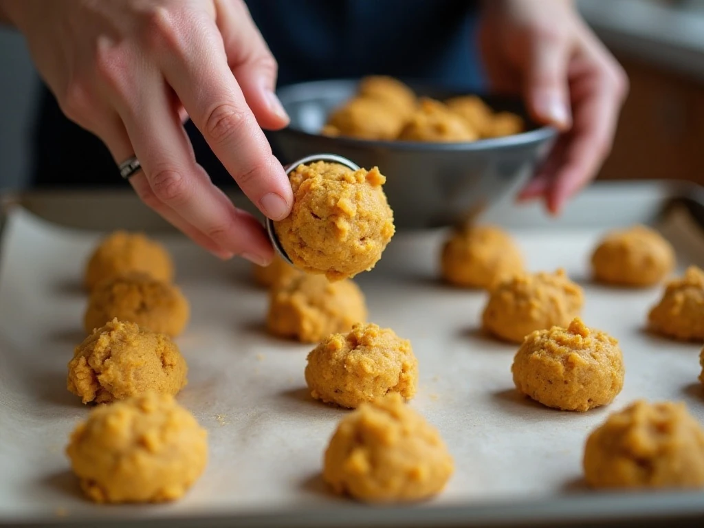 Scooping chilled gluten-free pumpkin cookie dough onto a baking sheet