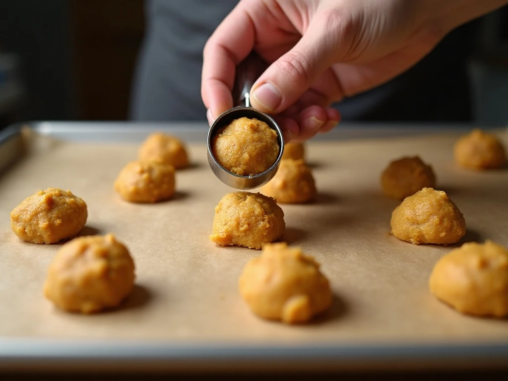 Scooping gluten-free pumpkin cookie dough onto a baking sheet