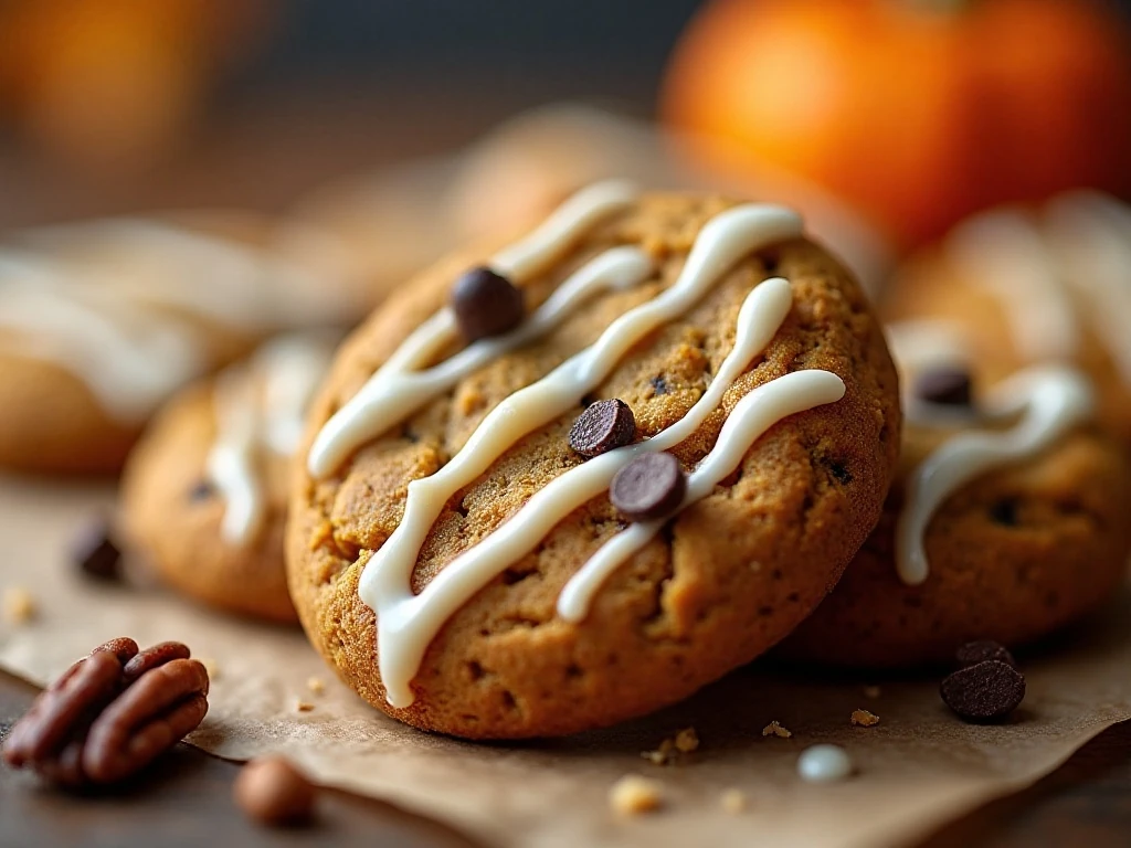 Glazed gluten-free pumpkin cookies with chocolate chips and pecans