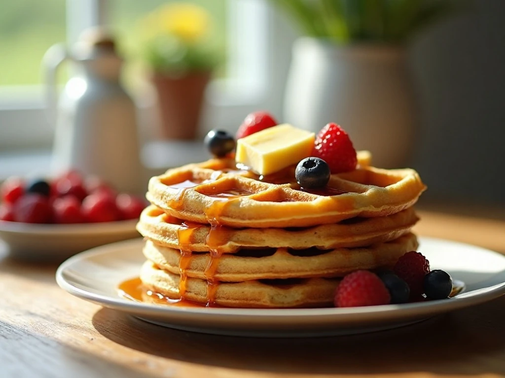 Stack of fluffy gluten-free waffles with butter, maple syrup, and berries