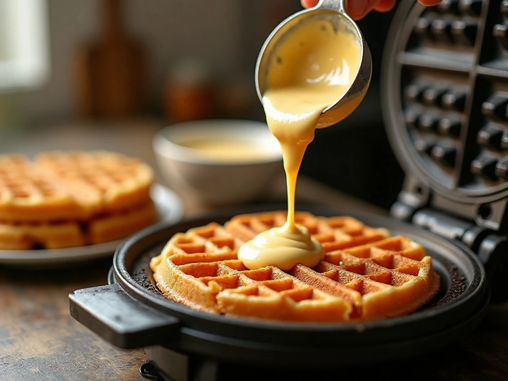 Gluten-free waffle batter being poured into a hot waffle iron