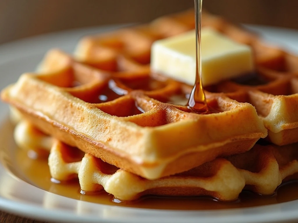 Close-up of crisp waffle ridges and fluffy interior with melting butter
