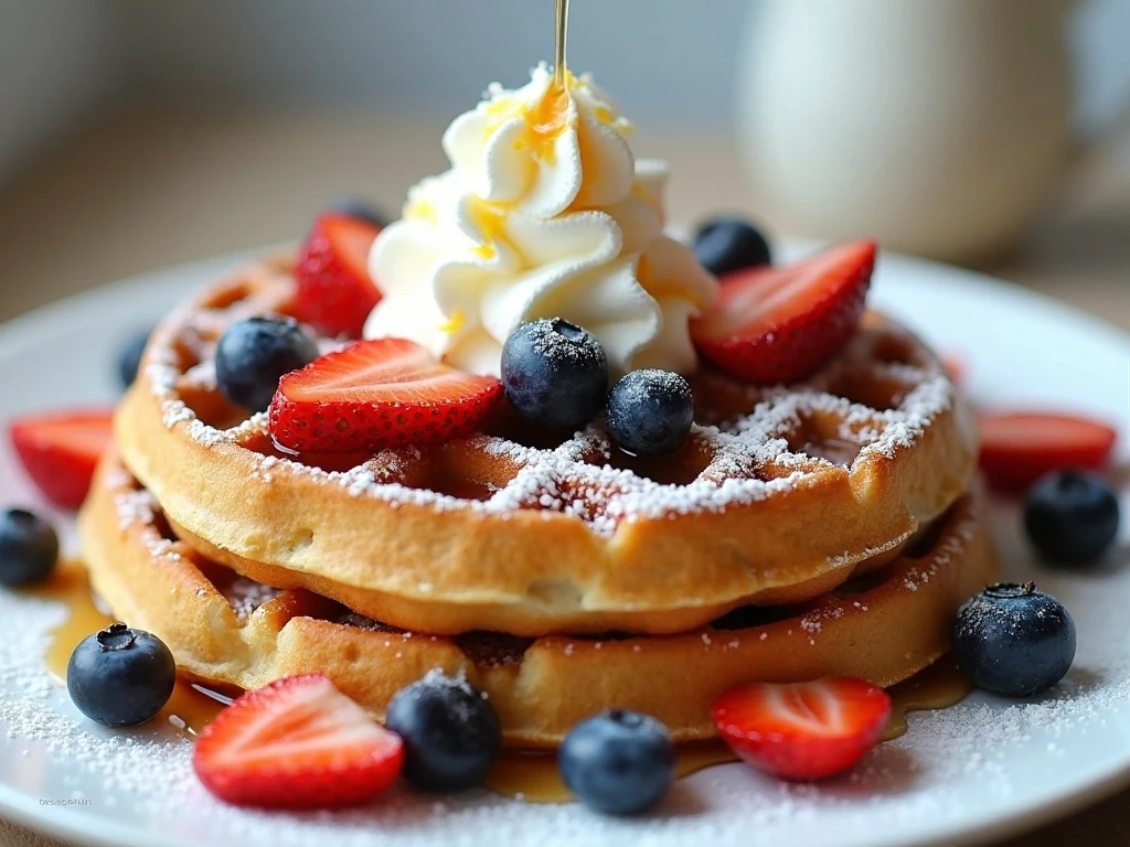 Gluten-free waffles topped with berries, whipped cream, powdered sugar, and syrup