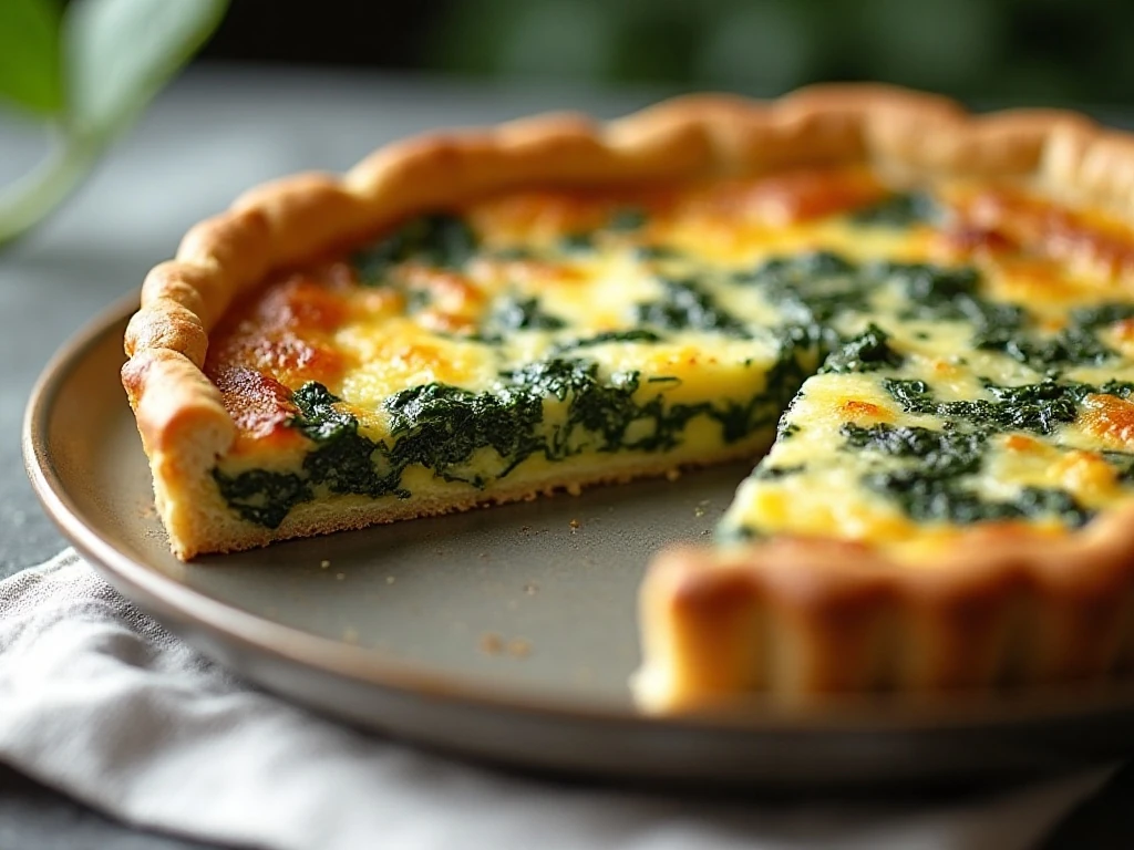 Slice of creamy goat cheese quiche with spinach on a plate