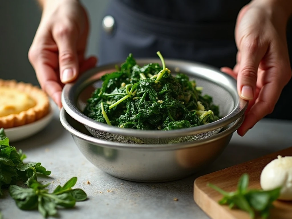 Removing moisture from cooked spinach for quiche filling