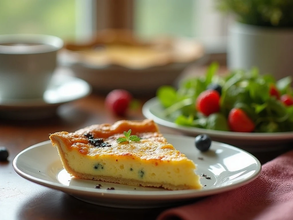 Goat cheese quiche served with salad and fresh berries