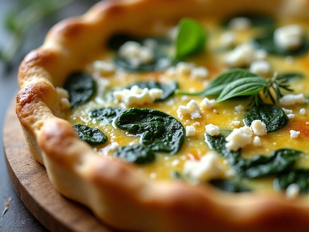 Close-up of goat cheese and thyme topping on quiche