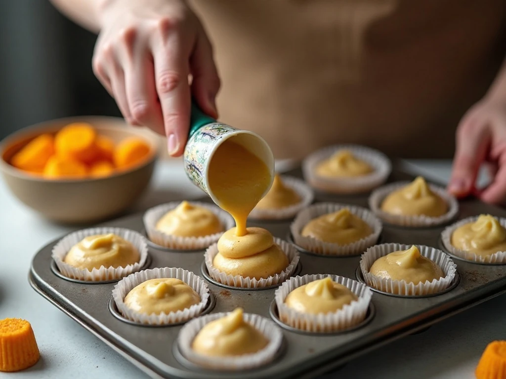 Golden Oreo cupcake batter portioned over whole cookies