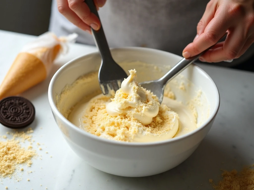 Finely crushed Golden Oreos being mixed into buttercream