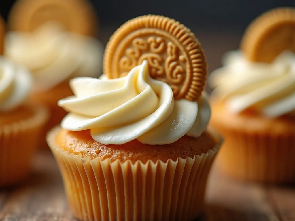 Close-up of Golden Oreo buttercream cupcake garnish