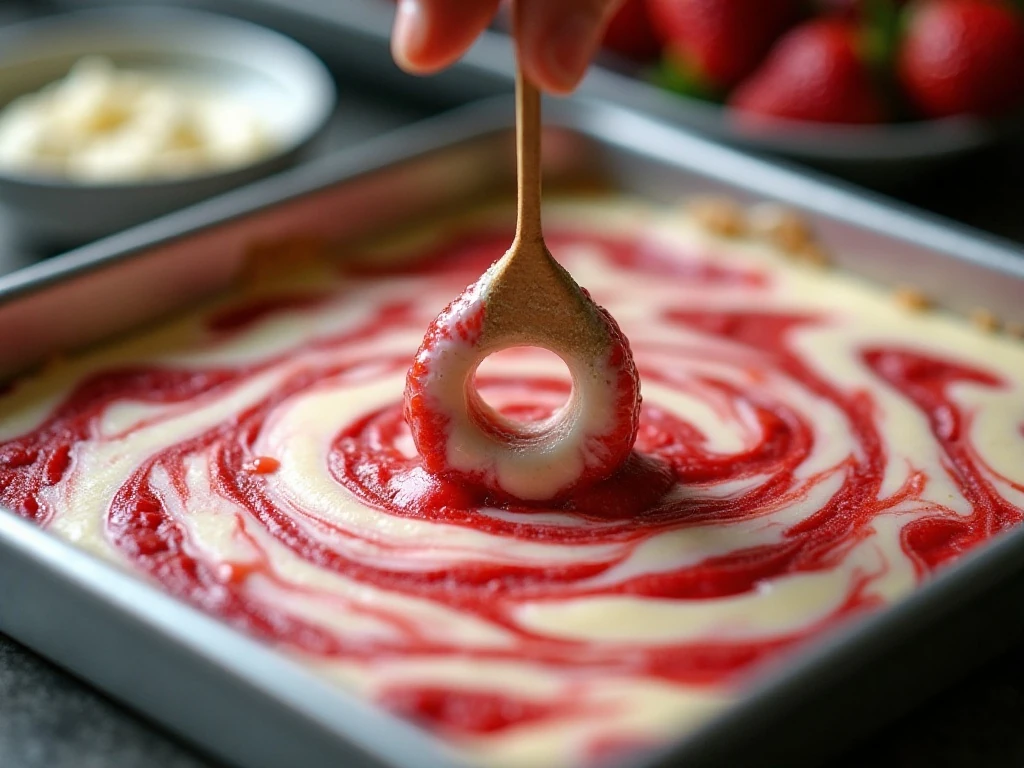 Swirling strawberry mixture through cheesecake batter