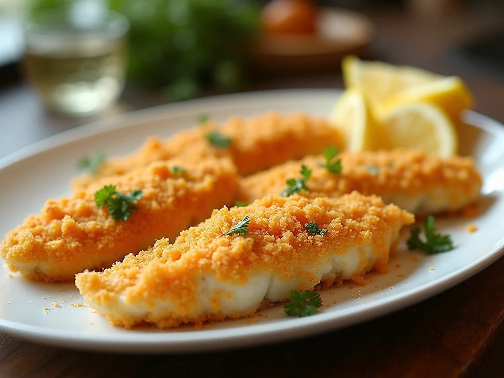 Golden Goldfish cracker-crusted baked cod fillets served with lemon wedges