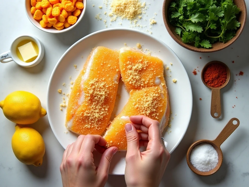 Ingredients for crispy Goldfish cracker-crusted baked cod