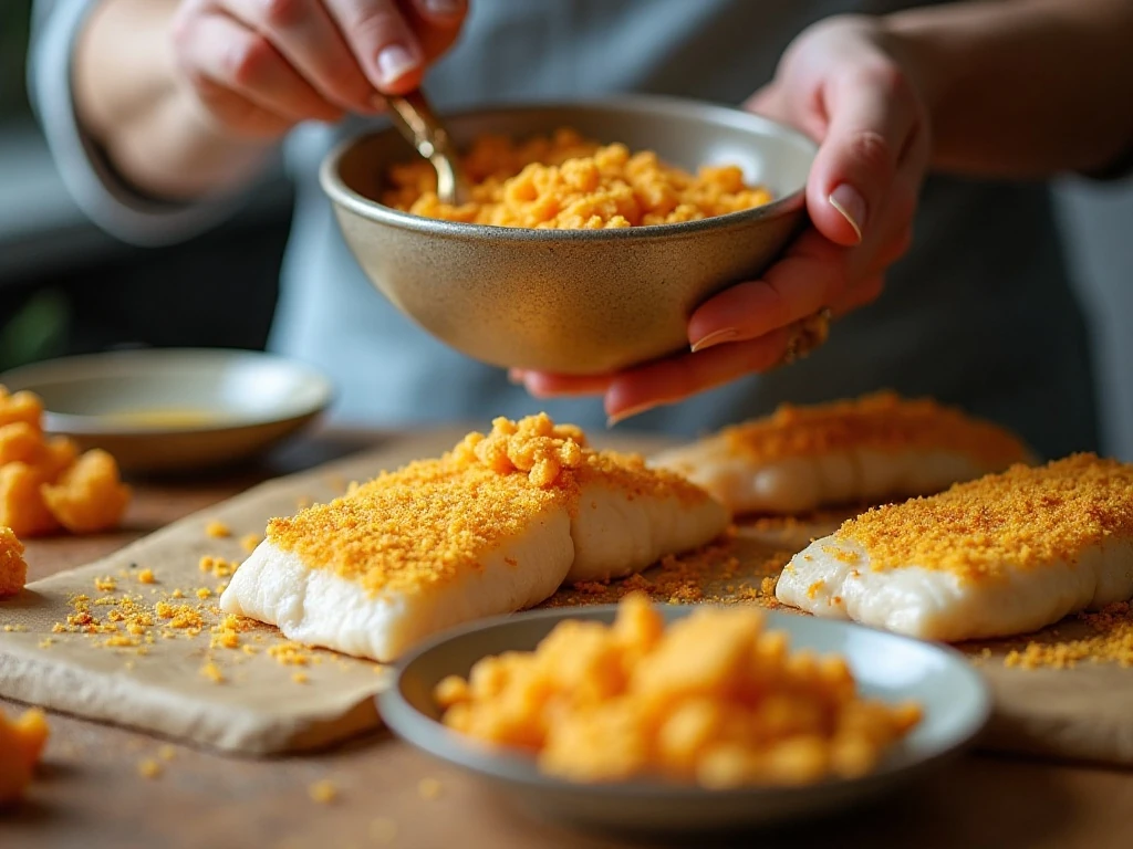 Preparing the Goldfish cracker crust for baked cod