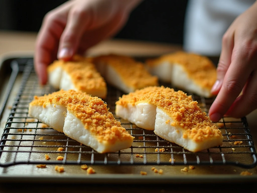 Cod fillets arranged on a wire rack for a crisp crust