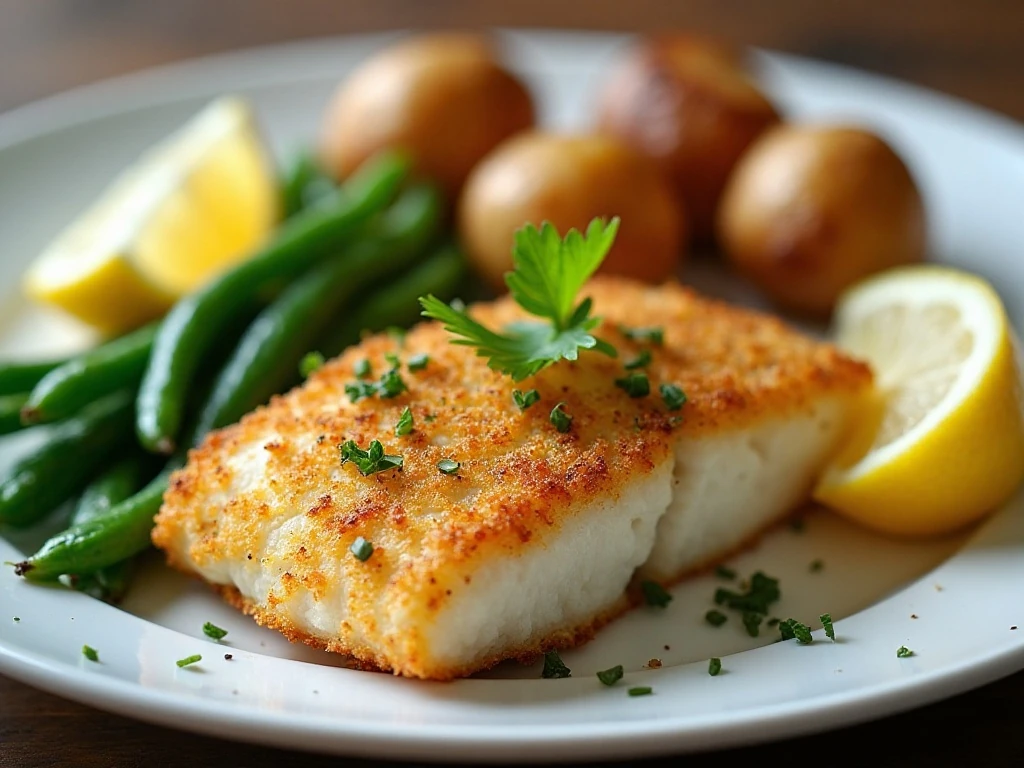 Goldfish-crusted baked cod with vegetables and roasted potatoes