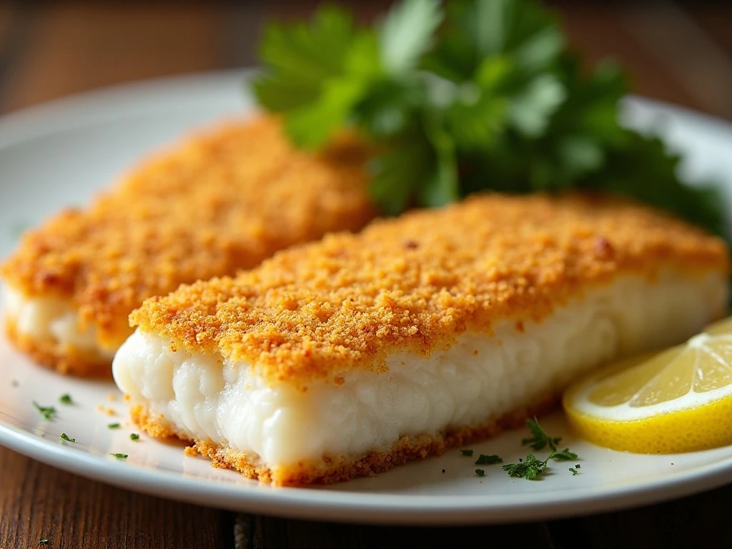 Close-up of crispy cracker crust on baked cod with lemon and parsley