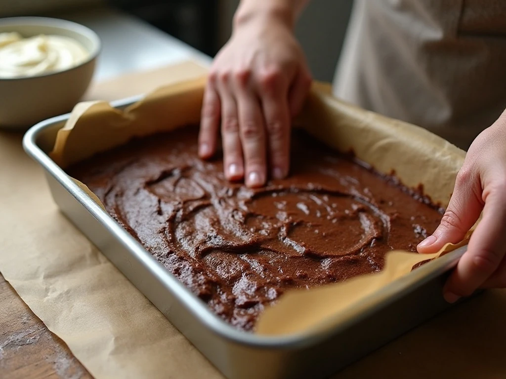 Pressing the chocolate cake base into a baking pan