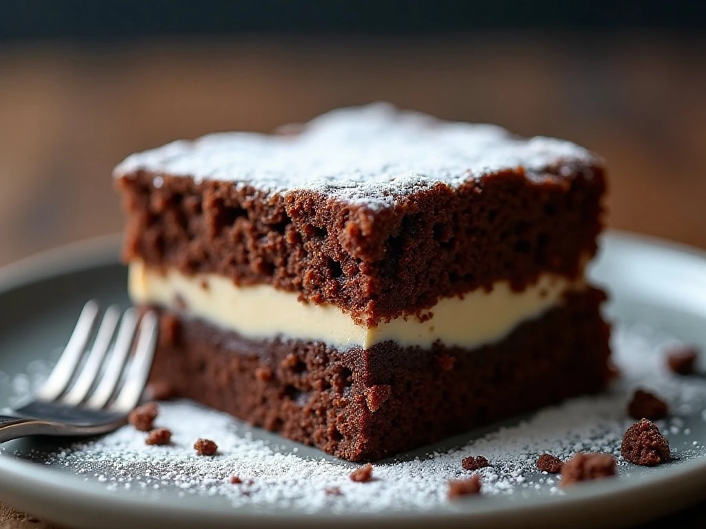 Confectioners’ sugar dusted chocolate butter cake square