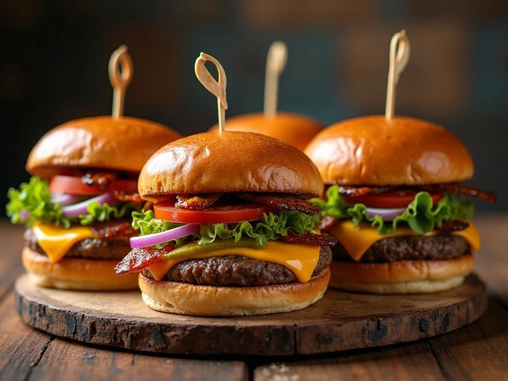Gourmet cheeseburgers topped with cheddar and sweet black pepper bacon