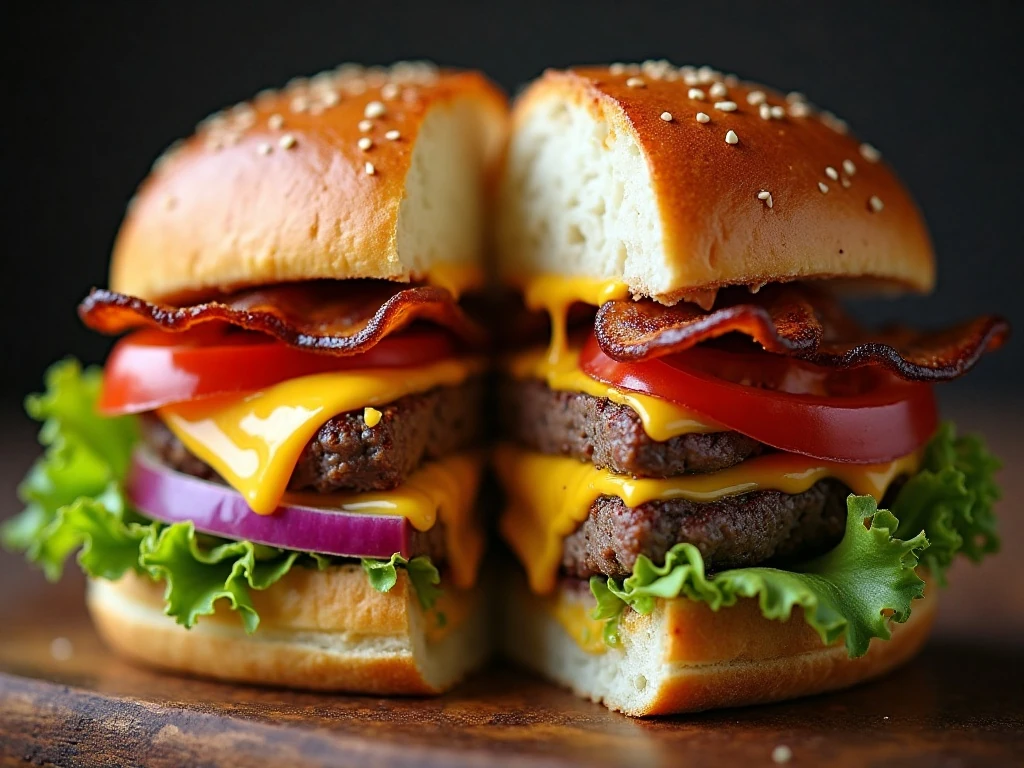 Close-up of juicy burger layers and caramelized peppered bacon