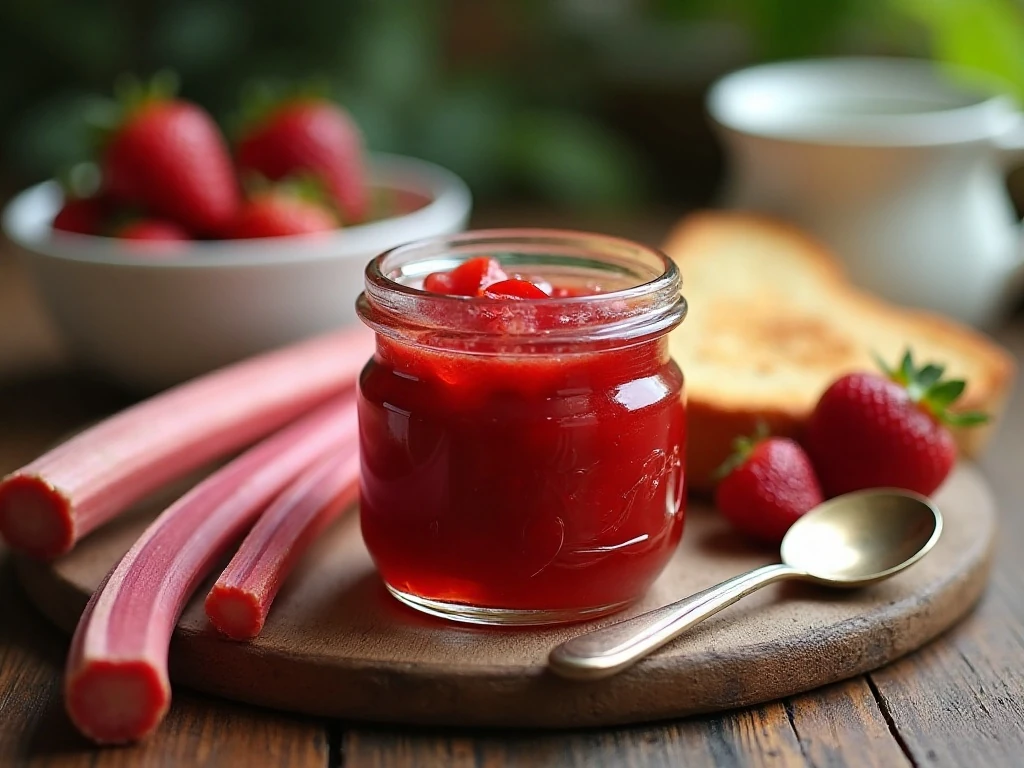 Jar of homemade strawberry rhubarb jam served with toast