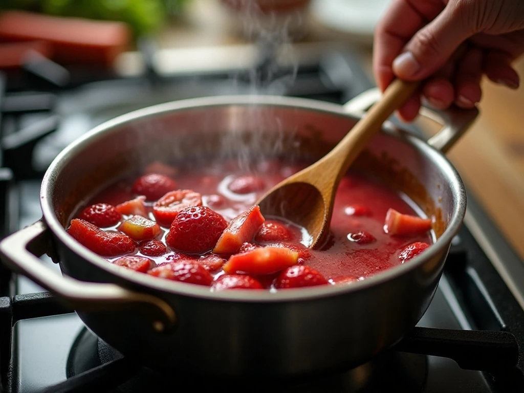 Strawberry rhubarb jam cooking in a deep stockpot