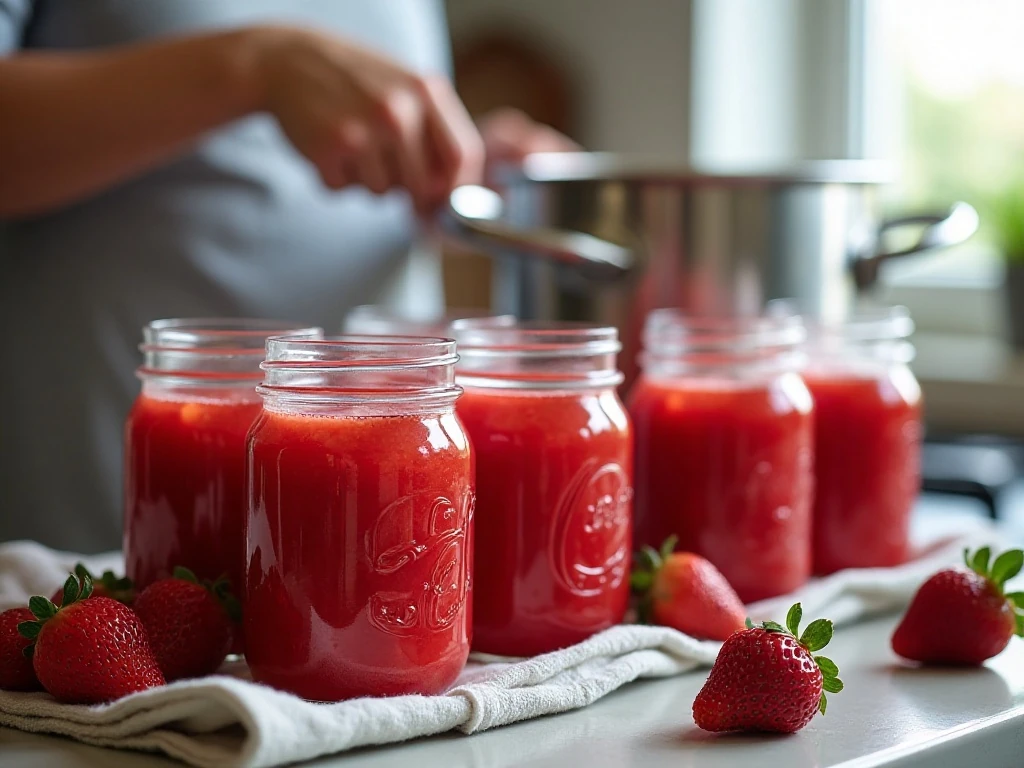 Half-pint jars prepared for strawberry rhubarb jam canning