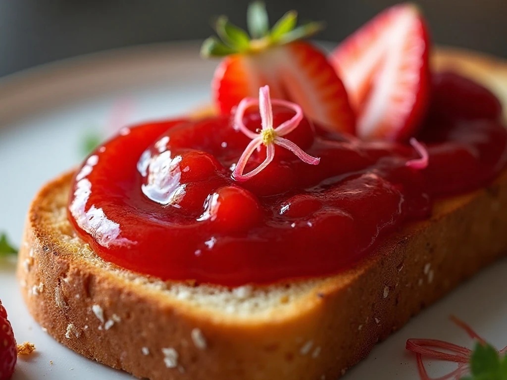 Strawberry rhubarb jam spread on golden toast