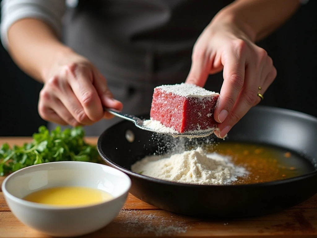 Breading cube steak for homemade chicken fried steak