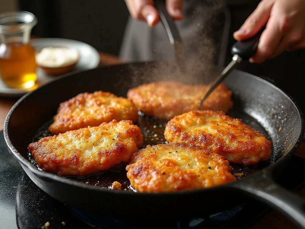 Chicken fried steaks frying in a cast-iron skillet at the proper temperature