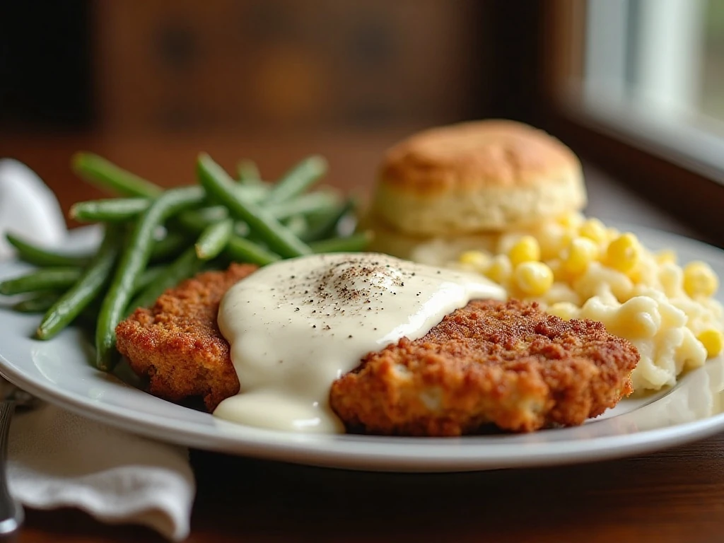 Chicken fried steak with country gravy and traditional side dishes